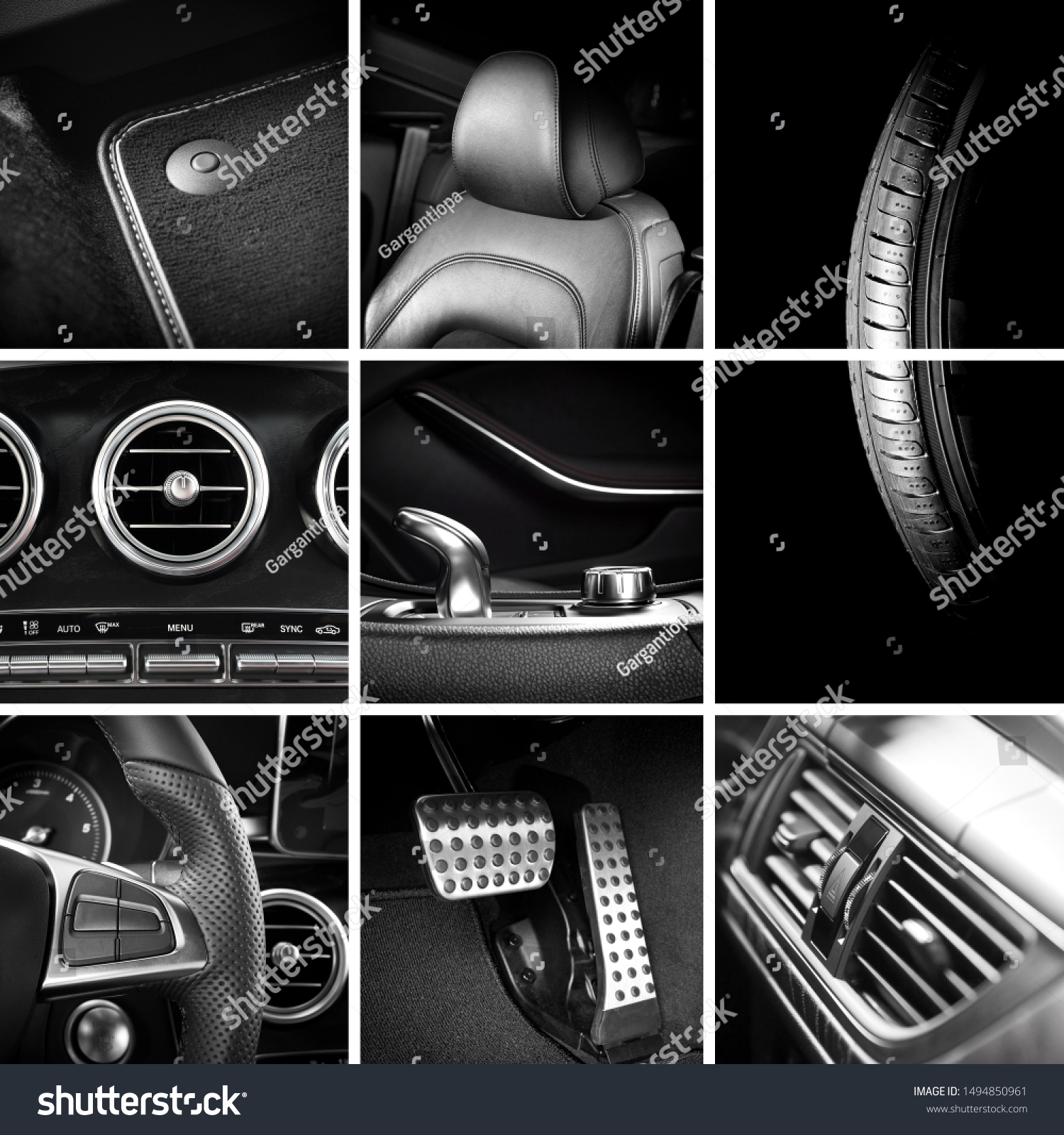 Nine pictures, square collage of car interior and exterior details, detailing concept background #1494850961