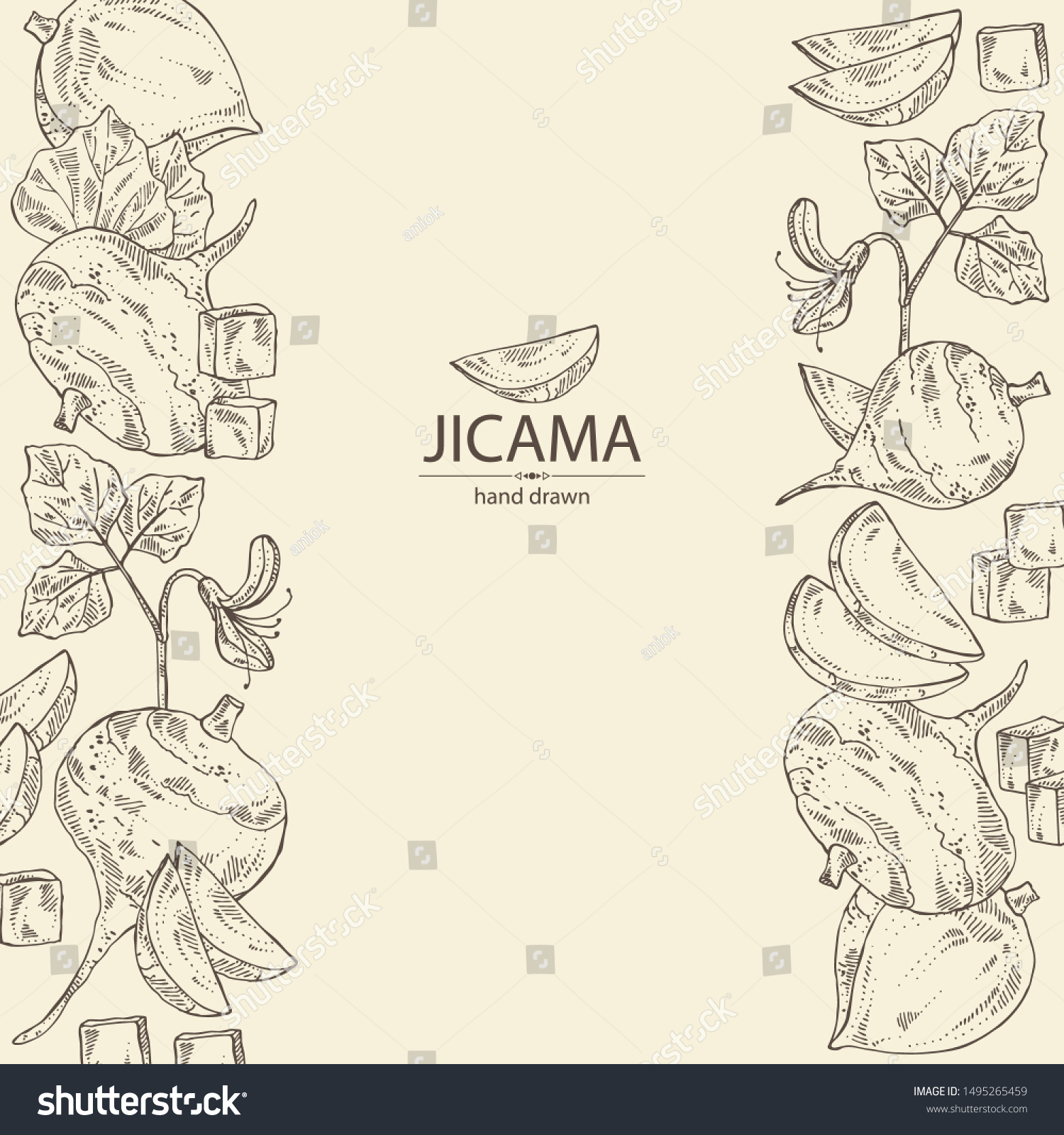 Background with jicama: tuber of jicama, leaves, - Royalty Free Stock ...