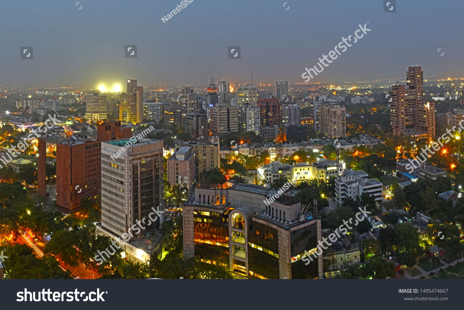 Panoramic Aerial Evening View with the lighting of Central New Delhi,  #1495474667