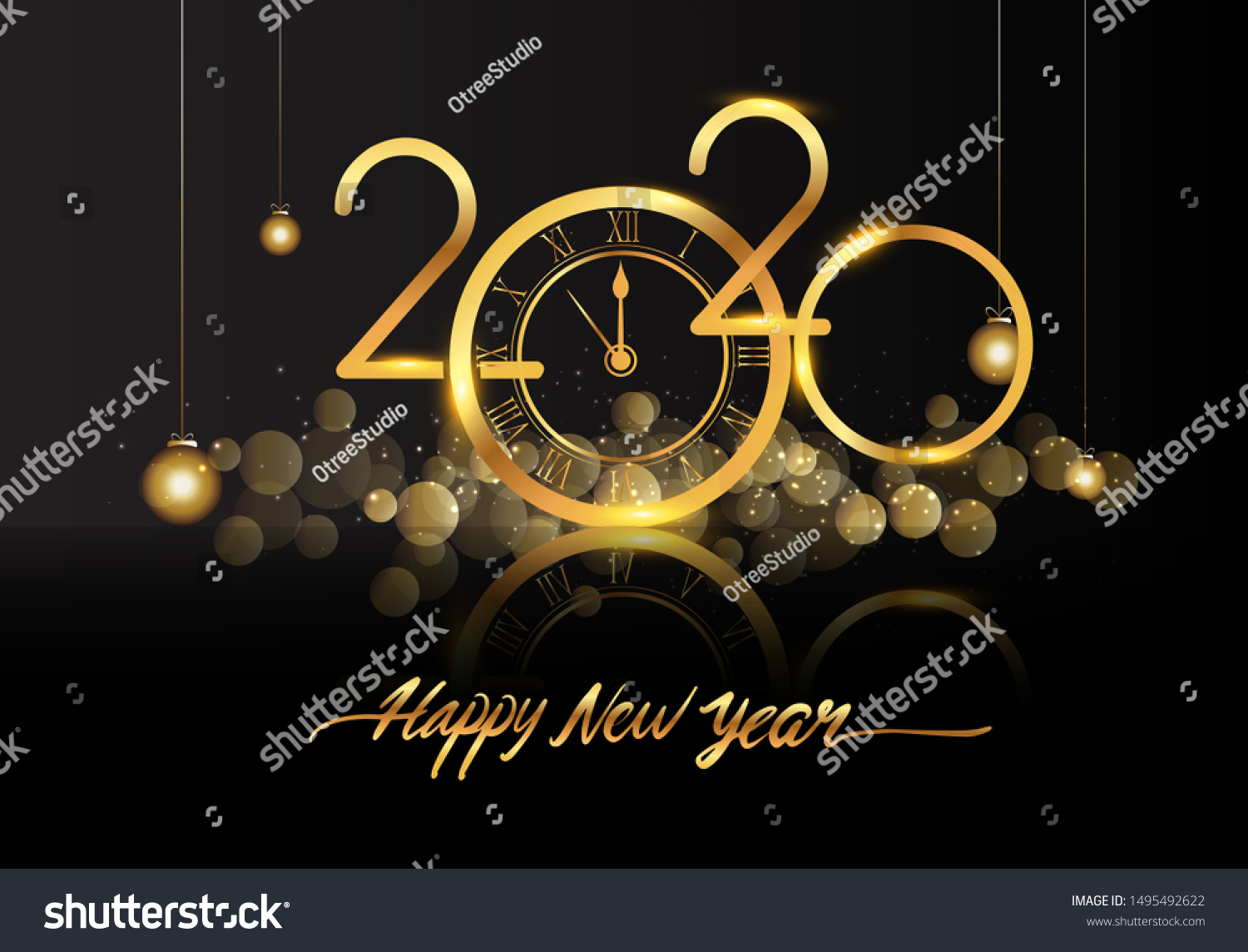 Happy New Year 2020 - New Year Shining background with gold clock and glitter.