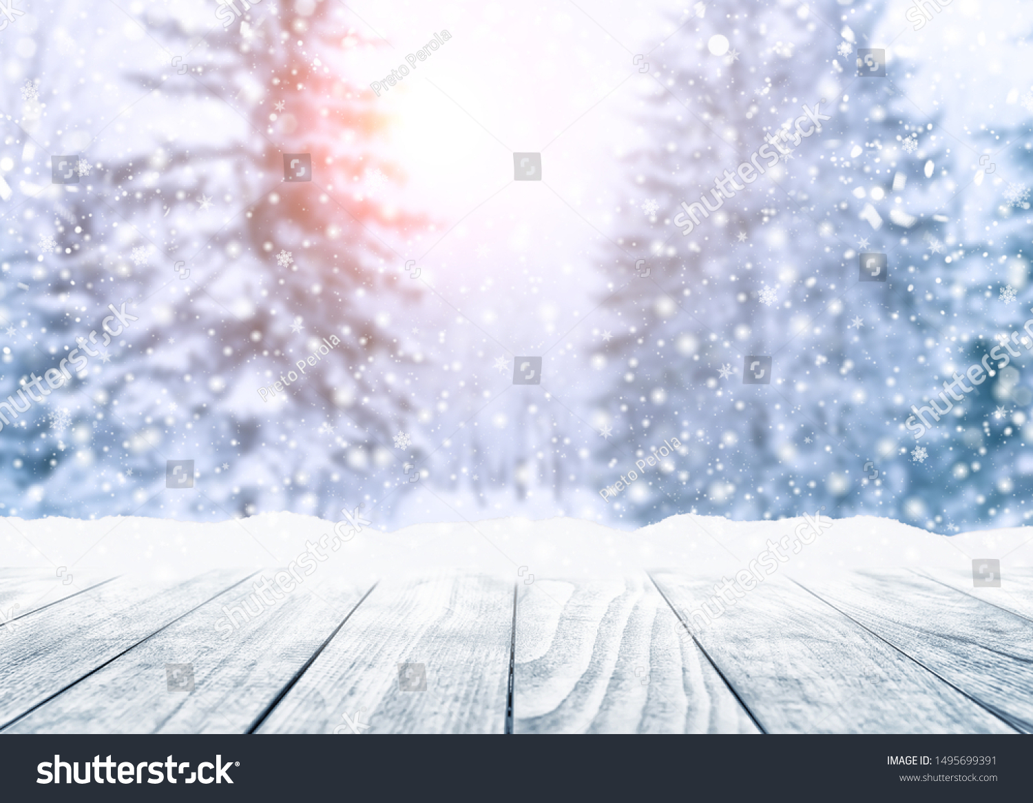 Wooden table top on winter sunny landscape with fir trees. Merry Christmas and happy New Year greeting background. Winter landscape with snow and christmas trees.  #1495699391