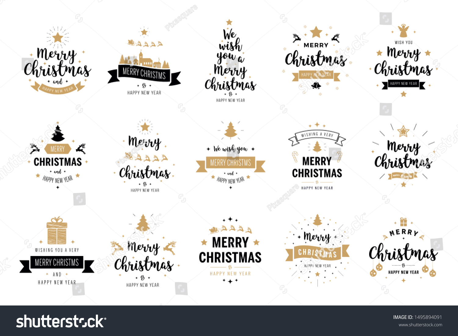 Merry Christmas. Happy New Year, typography lettering badge emblems quotes set collection. Vector logo design for postcard, invitation, greeting card,  poster, gift. #1495894091