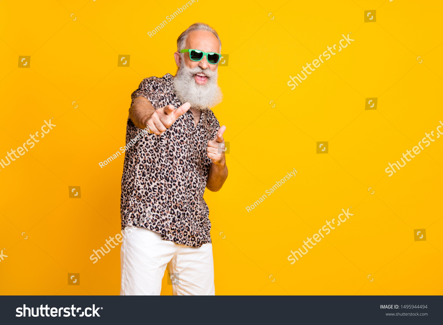 Portrait of crazy retired funny long bearded old man in eyewear eyeglasses brand feel crazy modern cool scream hey you wear leopard shirt shorts isolated over yellow background #1495944494