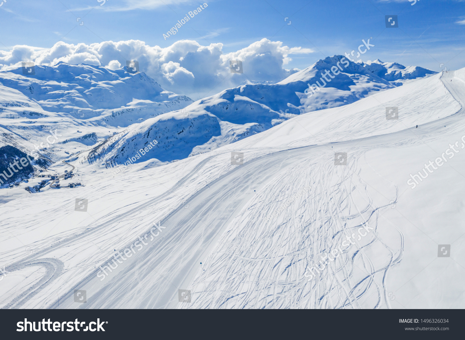 Drone view of mountain ski slopes. #1496326034