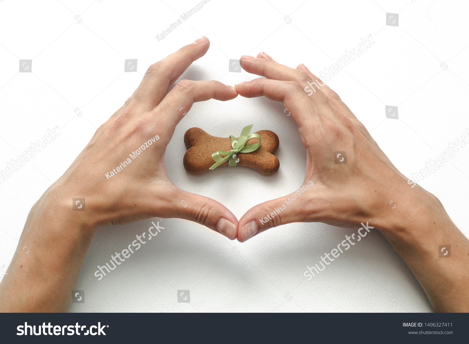 hands in heart shaped and bone shaped biscuits on white background. Concept of love, healthcare, friendship of people and animal. I love dog #1496327411