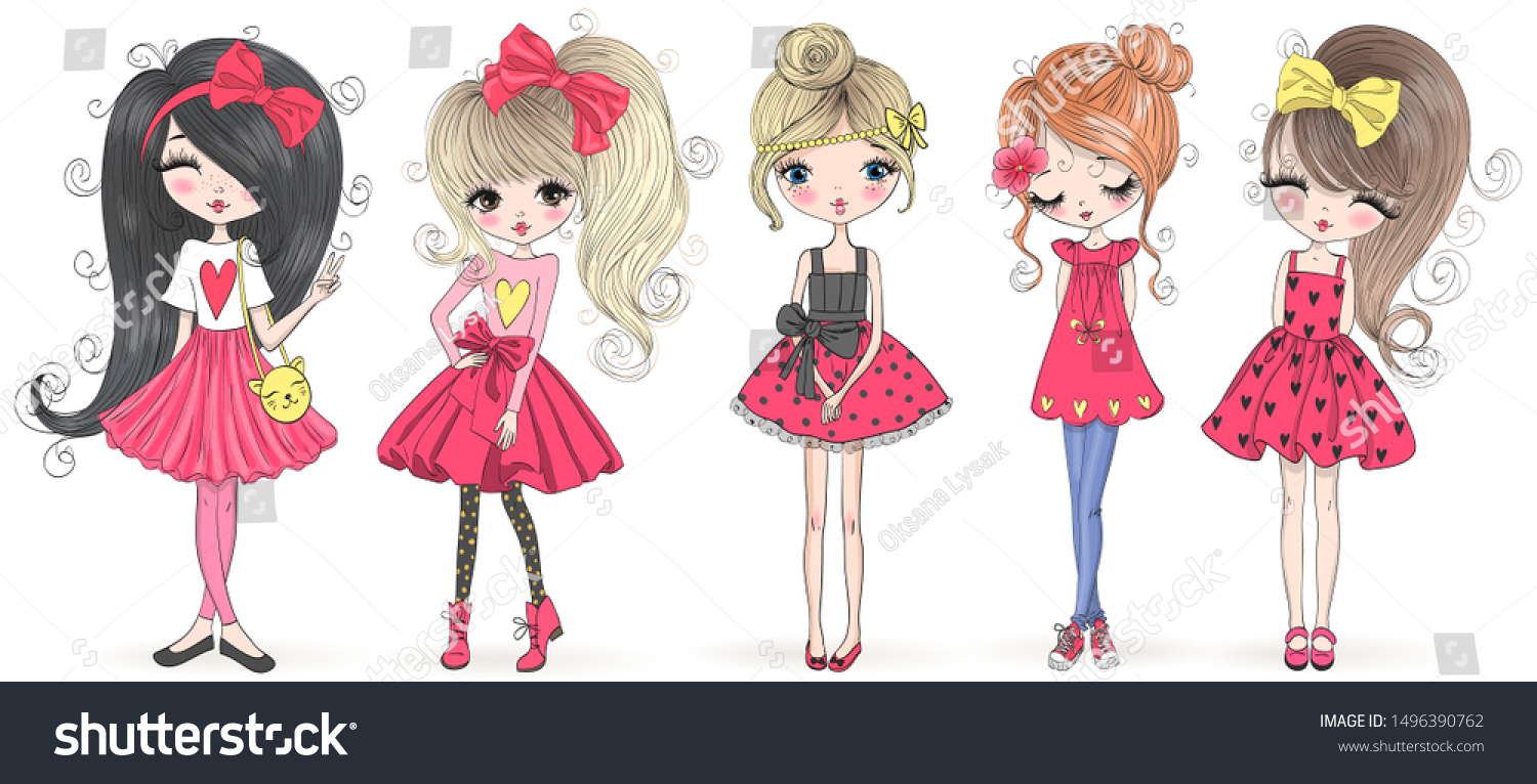 Five hand drawn beautiful cute cartoon amazing fashion girls. Vector illustration.