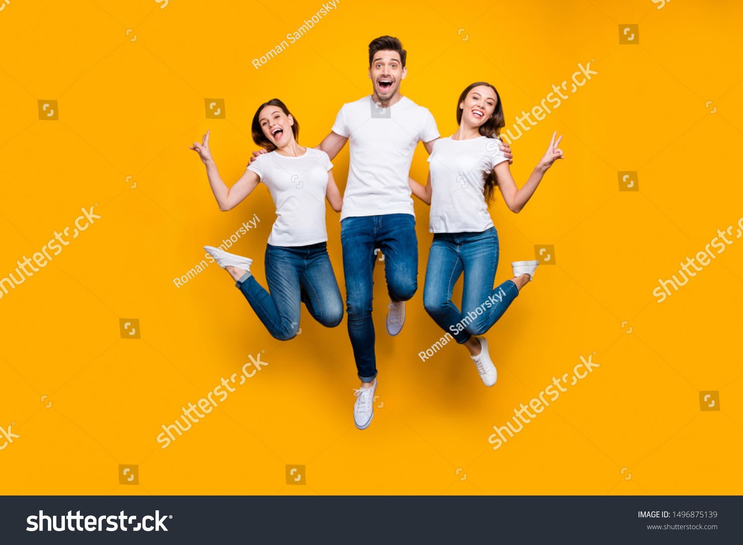 Full length body size view portrait of three nice attractive slim fit cheerful cheery person buddy fellow having fun showing v-sign isolated over bright vivid shine yellow background #1496875139