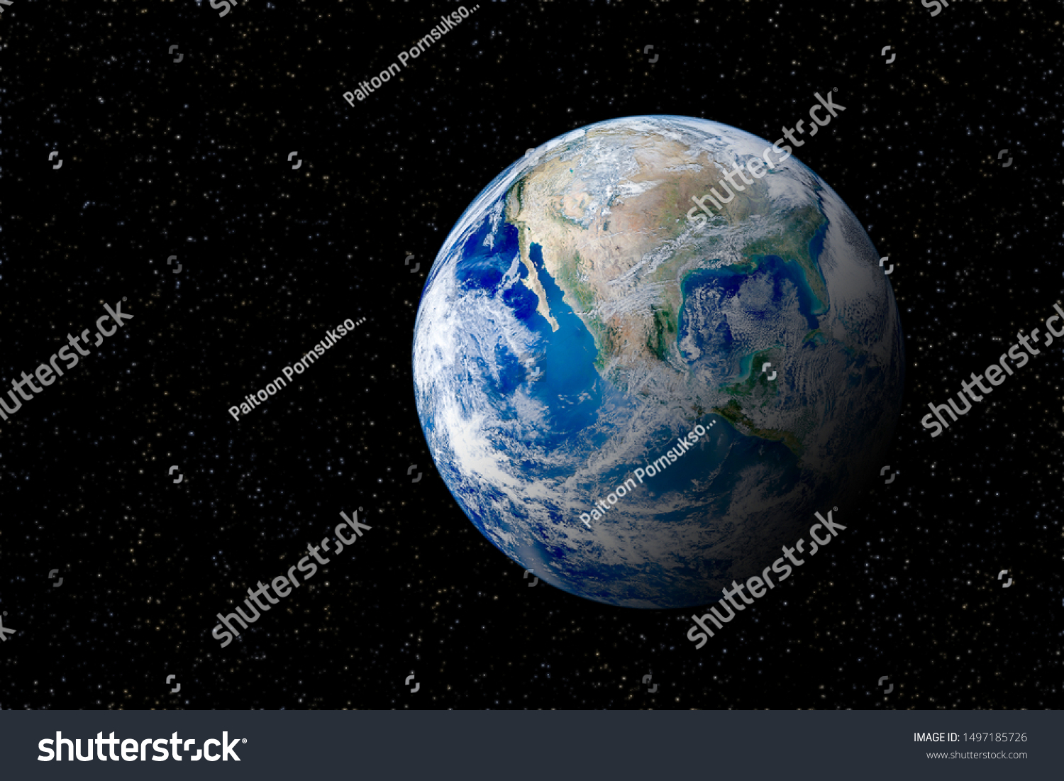 Blue planet earth globe view from space in night sky. (Elements of this image furnished by NASA.) #1497185726