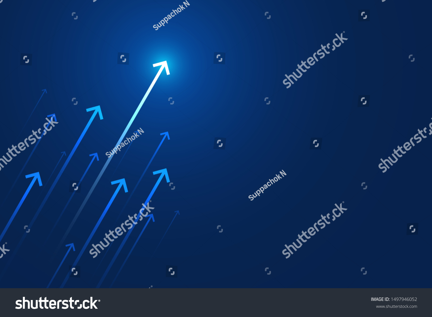 Arrow up on blue background, copy space composition, business growth concept.