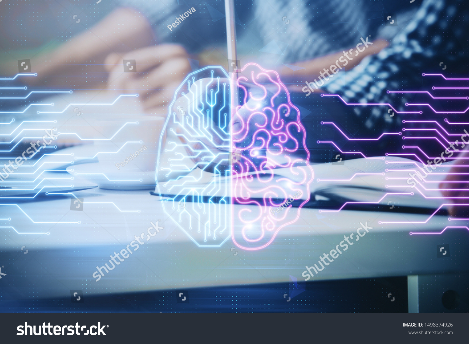 Man with multi exposure atificial intelligence brain icons. #1498374926