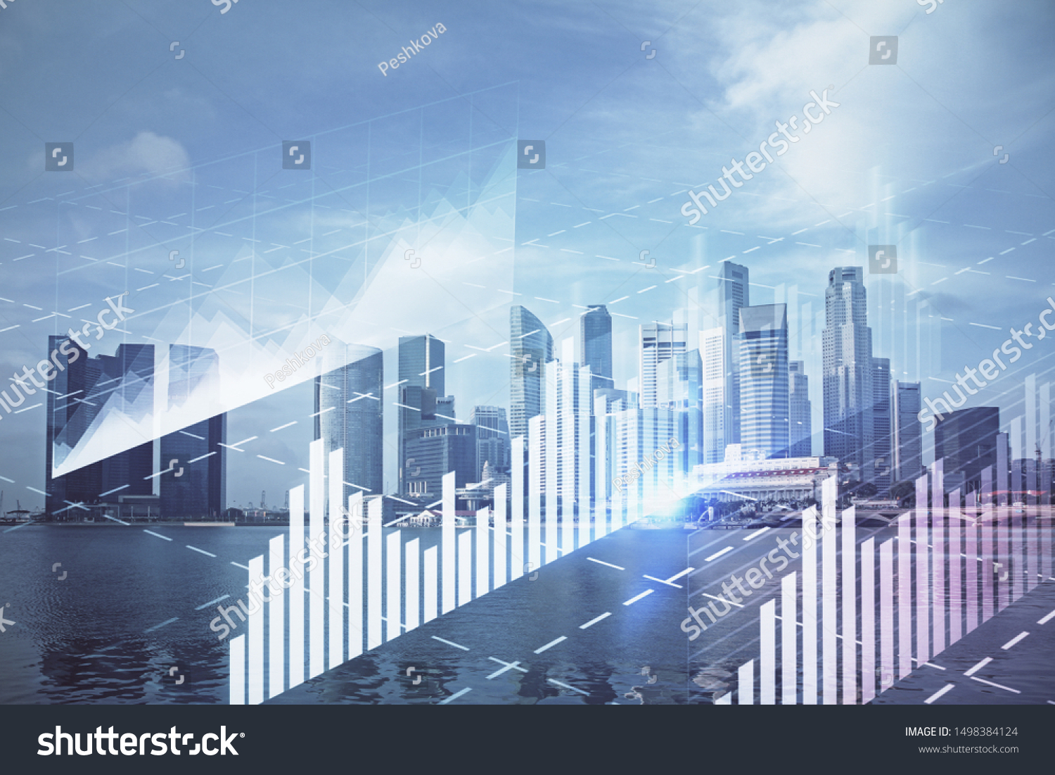 Forex chart on cityscape with tall buildings background multi exposure. Financial research concept. #1498384124
