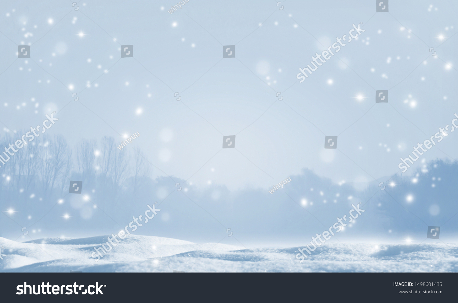 beautiful white empty winter idyll, shiny snowflakes on blurred winter landscape, christmas background with advertising space on snow cover, holiday season backdrop #1498601435