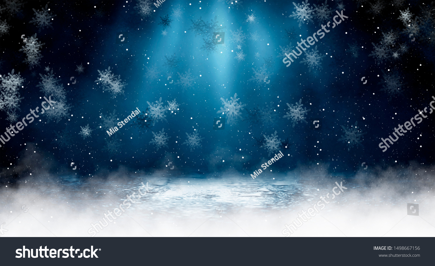 Empty dark, winter scene with snowflakes, winter dark background. Abstract snow, blizzard. Abstract light, rays, snow. Winter night. #1498667156