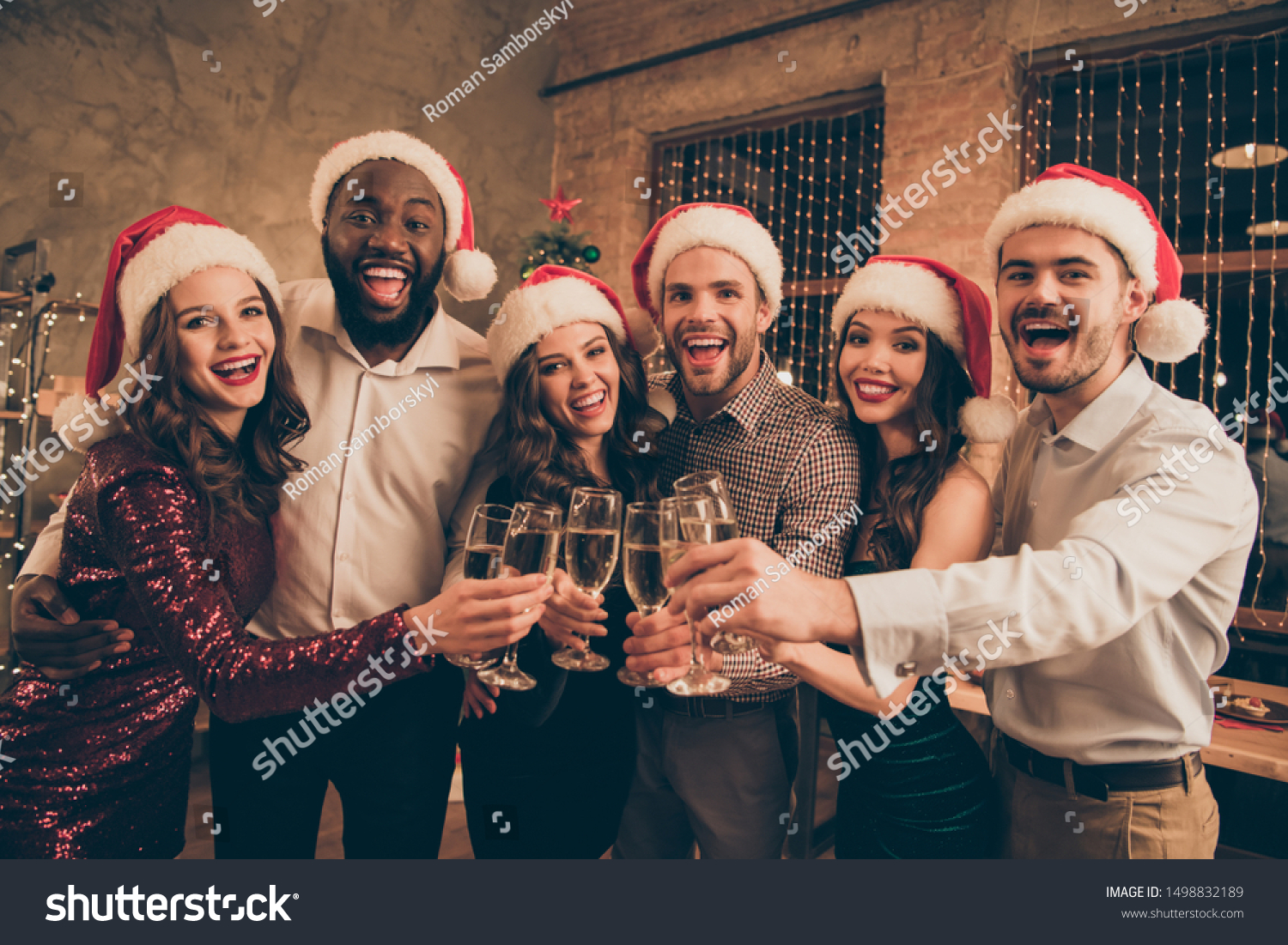 Portrait of cheerful buddies  cheering chilling celebrate christmas time enjoy x-mas midnight give toast in house with noel decoration indoors #1498832189