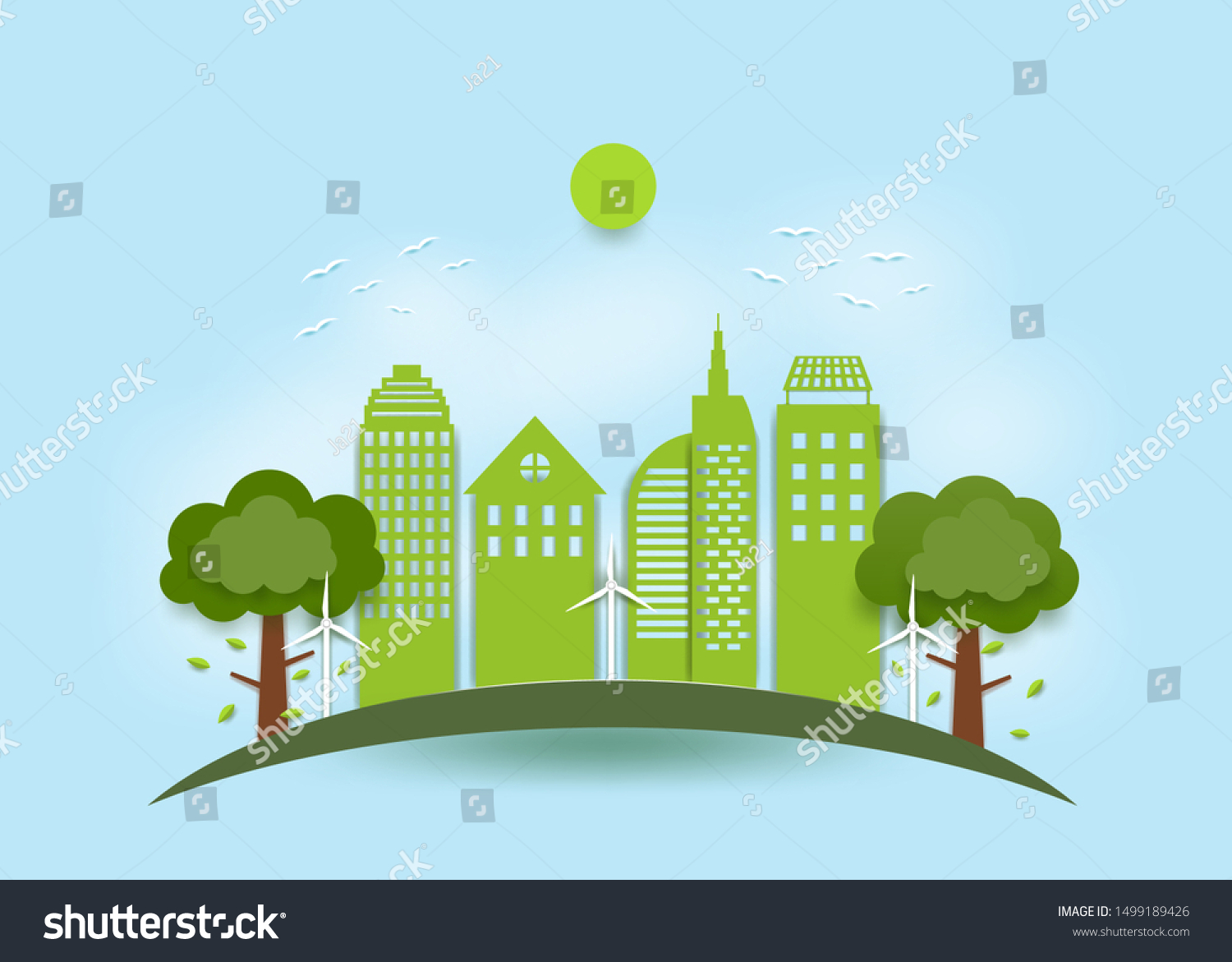 Eco City Concept, Green City Using Natural Energy In The Form Of Paper