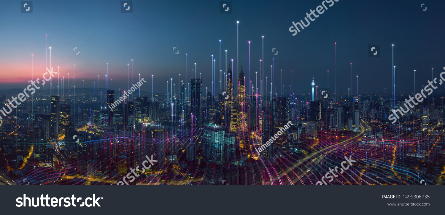 Smart city and abstract dot point connect with gradient line and aesthetic Intricate wave line design , big data connection technology concept . #1499306735