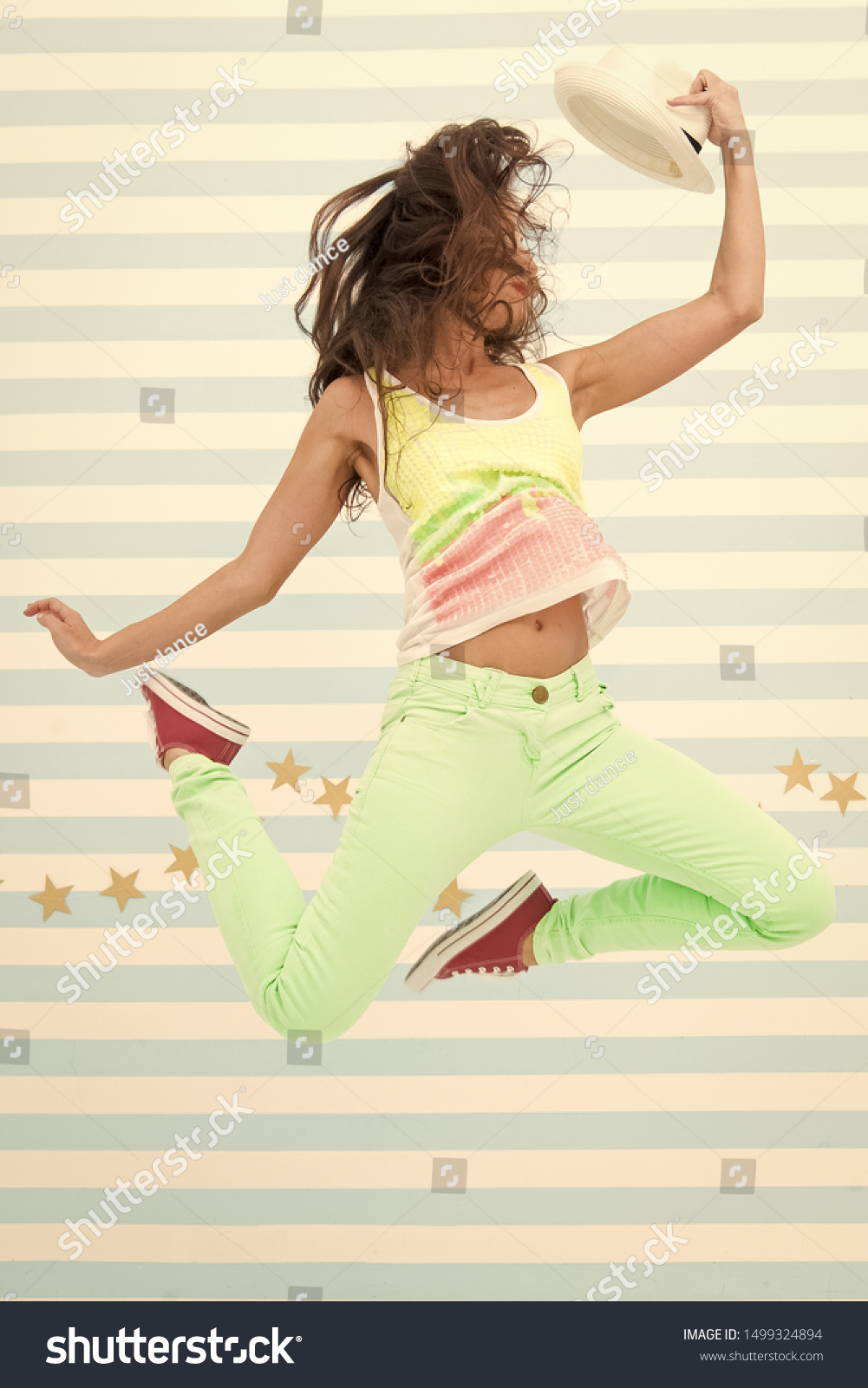 Hip hop woman dancer. Crazy girl in colorful sporty clothes. Happy and stylish sexy woman. Glamour fashion model. Fashion and beauty. Hipster girl. extremely happy. jumping girl. #1499324894