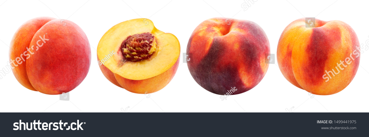 Peach isolated on white background, collection of ripe whole and sliced peaches with clipping path #1499441975