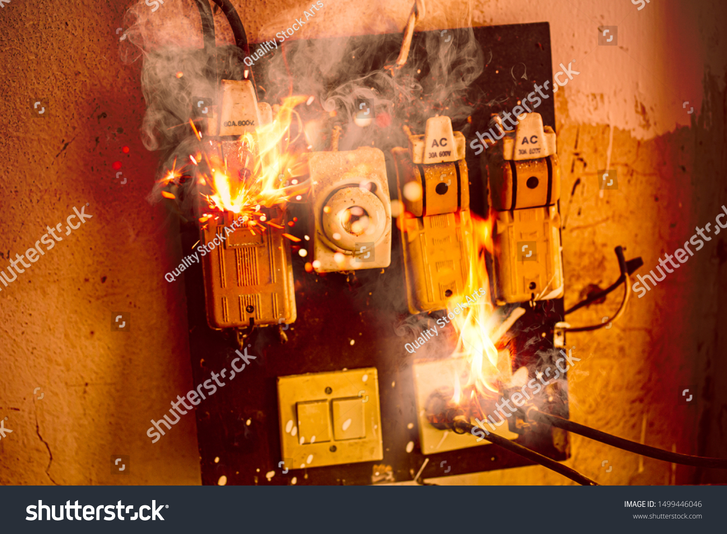 Blown short circuit electricity breaker,  fuse box damaged from high voltage overload, old bad installation condition over heat fuses home danger from fire burn #1499446046