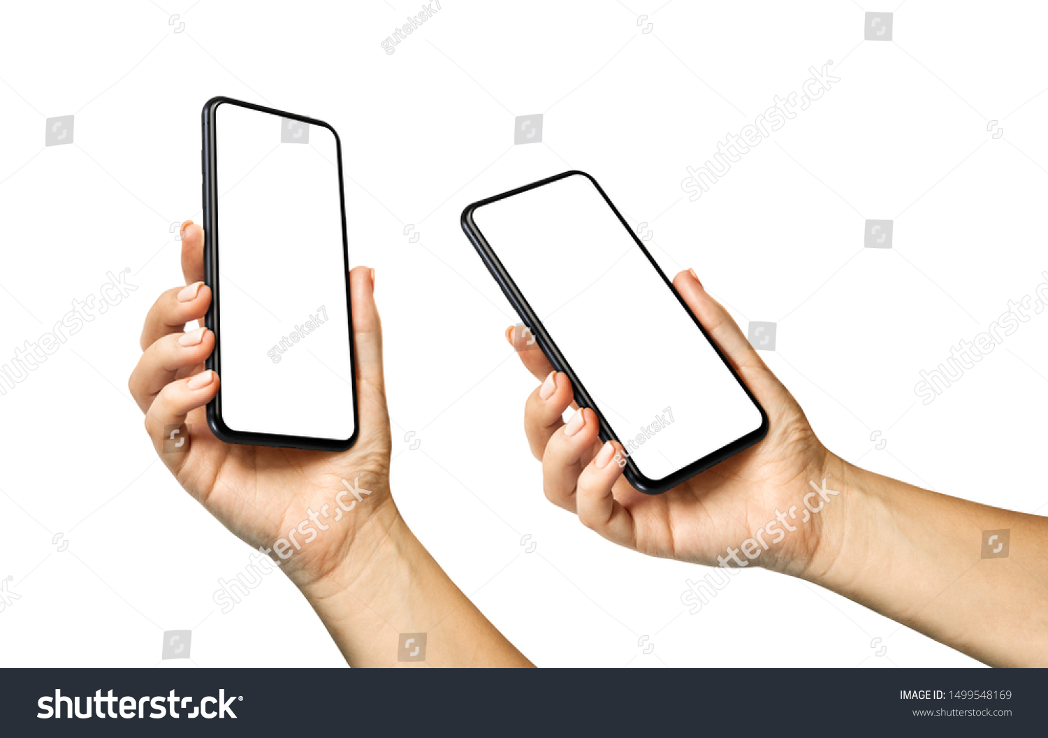 Woman hand holding the black smartphone with blank screen and modern frameless design in two rotated perspective positions  - isolated on white background