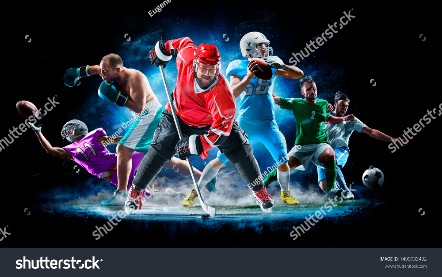 Multi sport collage football boxing soccer ice hockey on black background #1499933402