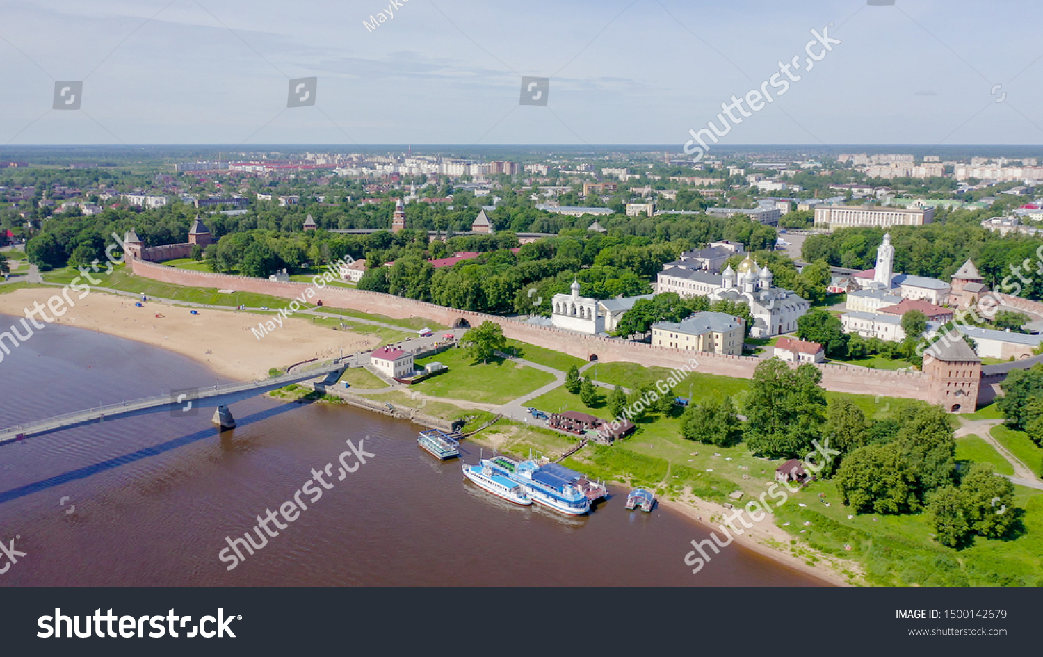 Veliky Novgorod, Russia. Novgorod Kremlin (Detinets), Volkhov River. Flight over the city, From Drone   #1500142679