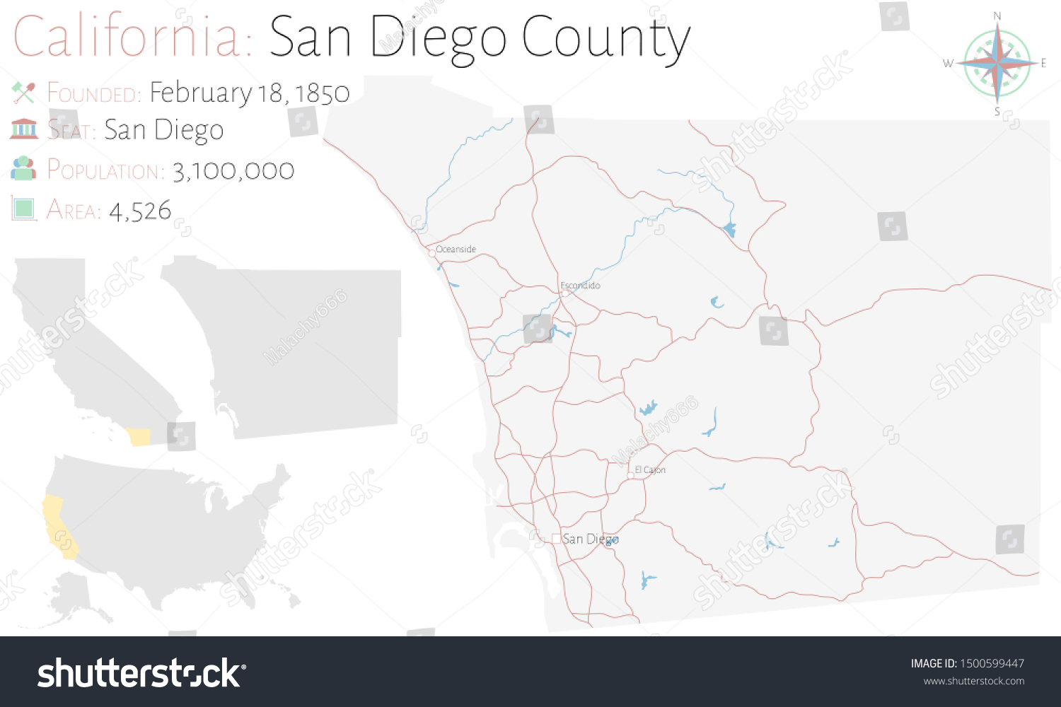 Large and detailed map of San Diego county in - Royalty Free Stock ...