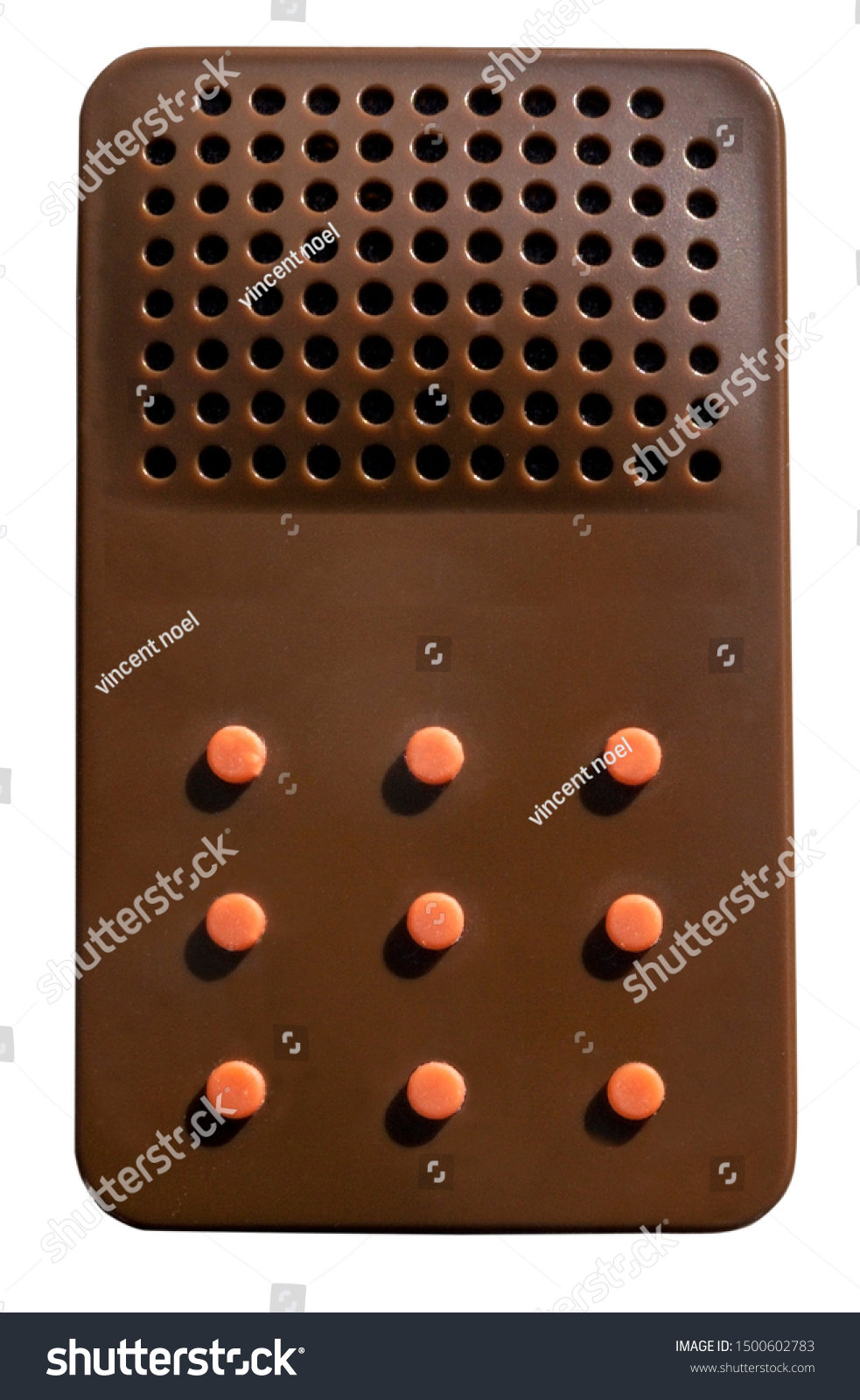 Isolated handheld device with blank orange buttons.  #1500602783