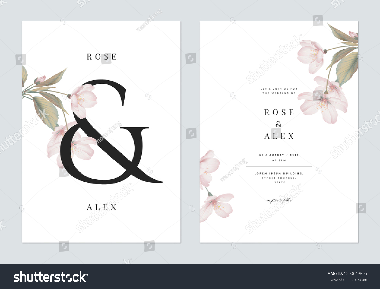 Floral wedding invitation card template design, Somei Yoshino sakura flowers with leaves with ampersand lettering on white, pastel vintage theme #1500649805