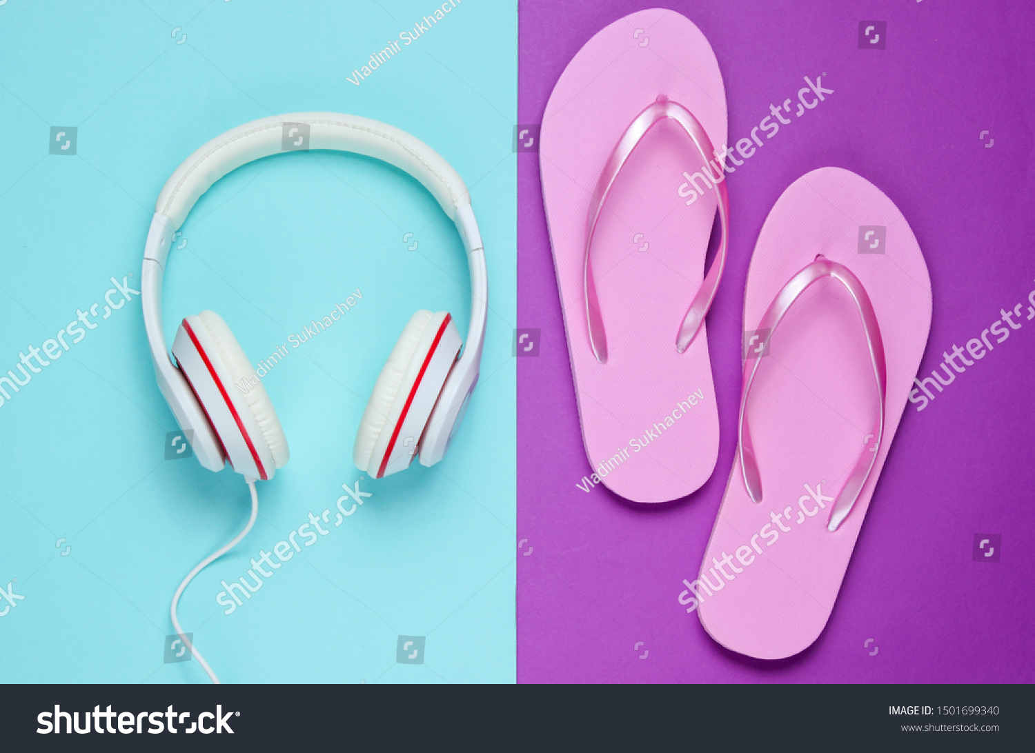 Flip flop and headphones on colored background.  Summertime relax. Summer vacation. Beauty and fashion. Top view. Flat lay #1501699340