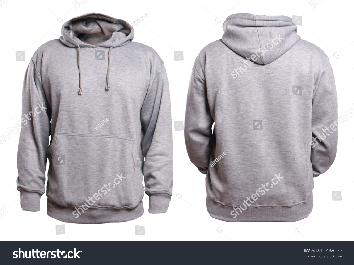 Blank sweatshirt mock up, front, and back view, isolated on white. Plain gray hoodie mockup. Hoody design presentation. Jumper for print. Blank clothes sweat shirt sweater #1501926230
