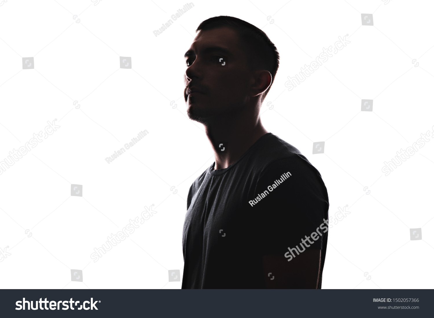 Silhouette portrait of young European man in profile isolated white background #1502057366