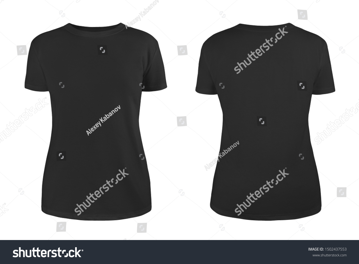 Women's black blank T-shirt template,from two sides, natural shape on invisible mannequin, for your design mockup for print, isolated on white background.
 #1502437553
