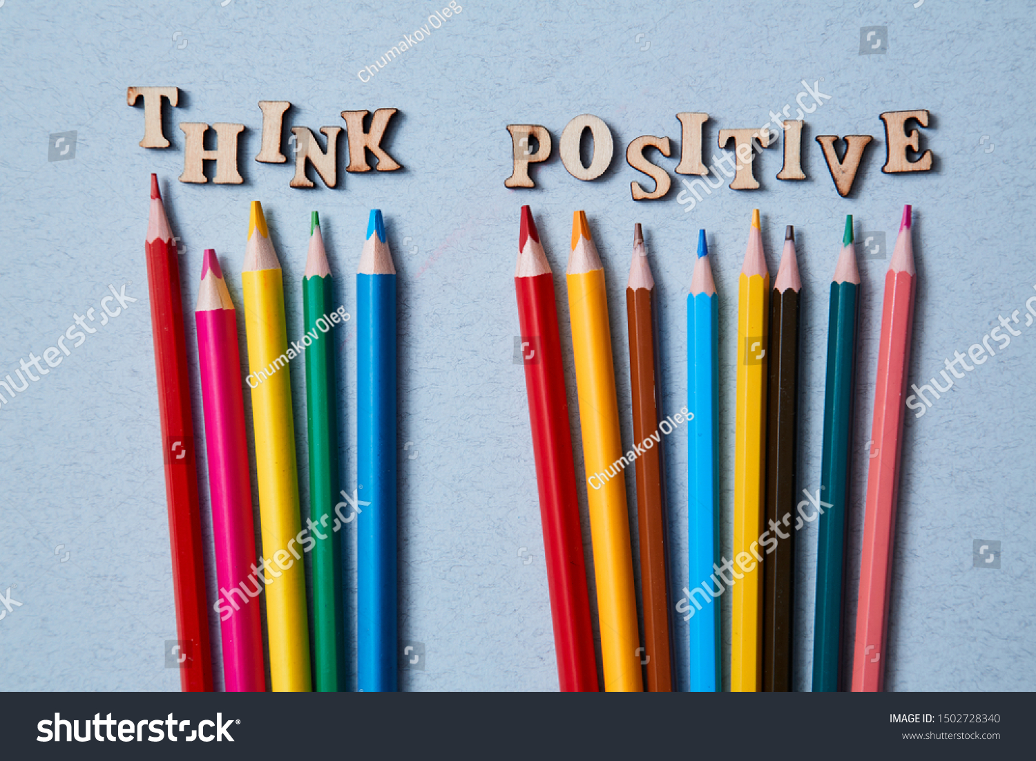 Positive thinking, Happy and optimistic attitude Concept. Colored pencils and the words think positive #1502728340