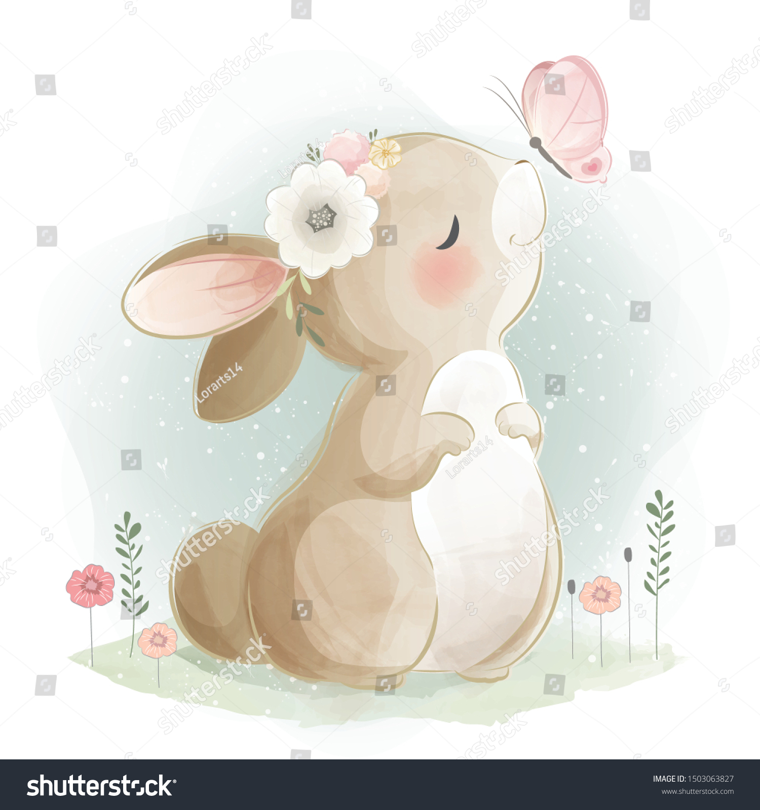 Cute Bunny Playing with Butterfly #1503063827