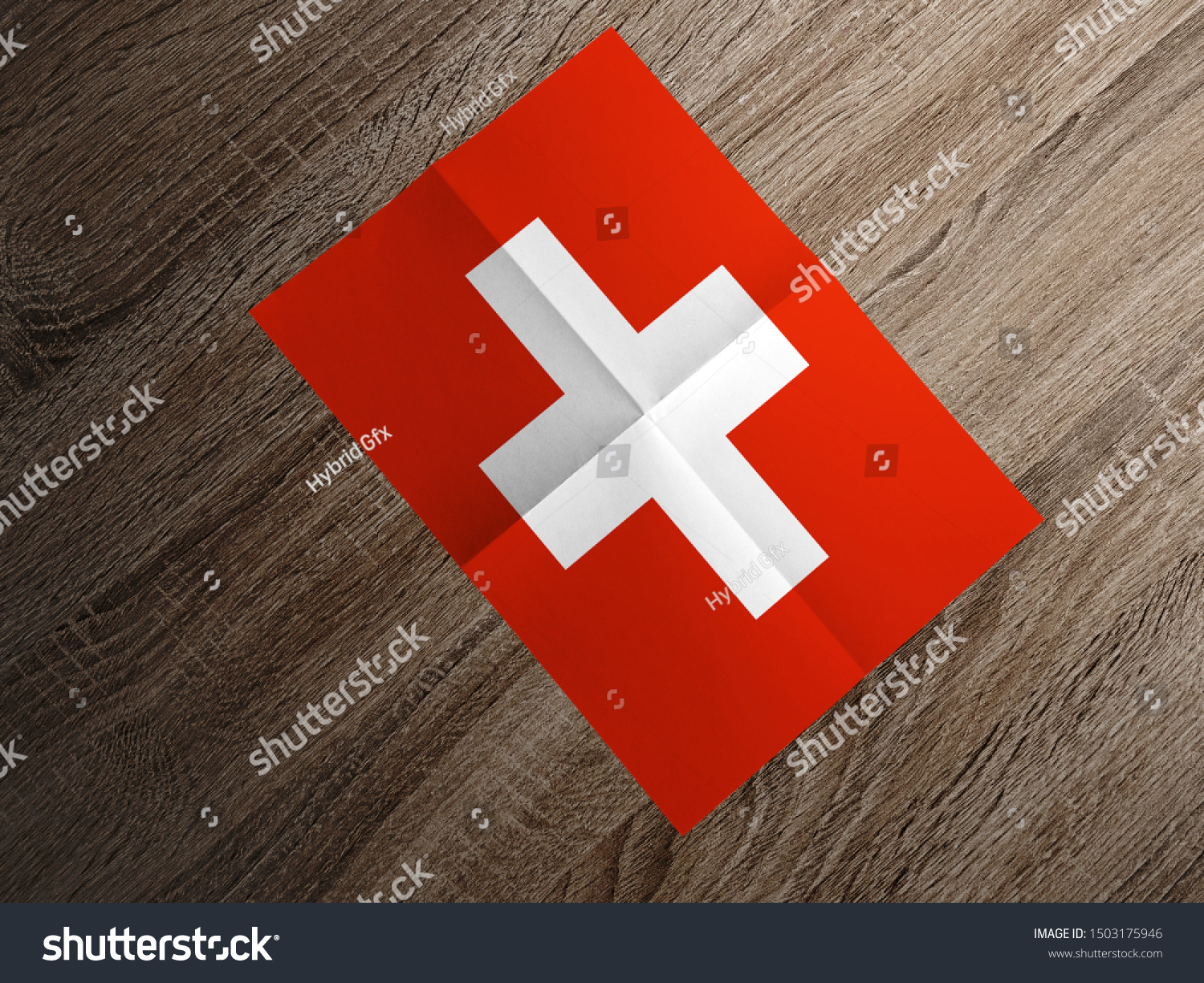 Flag of Switzerland on paper. Switzerland Flag on wooden table. #1503175946