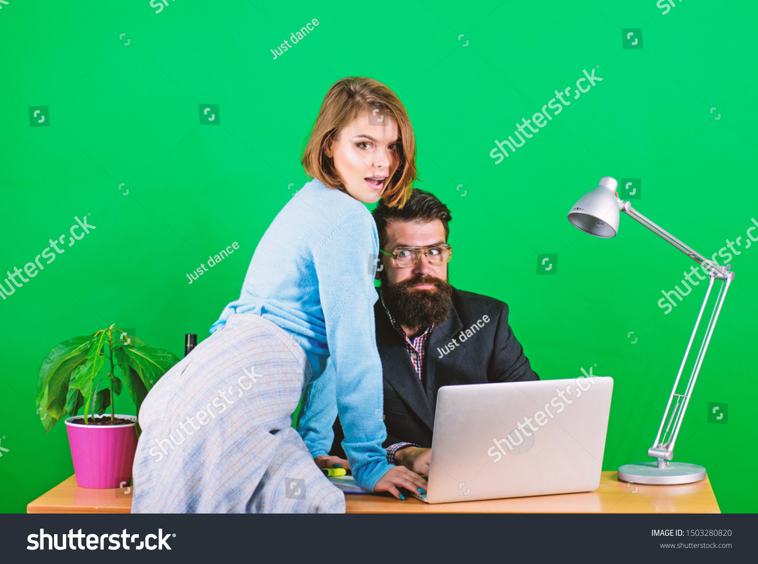 Combining their expertise. sexual harassment. data and information. businessman and assistant has problem. woman and man work in office. business couple at computer. secretary with boss at workplace. #1503280820
