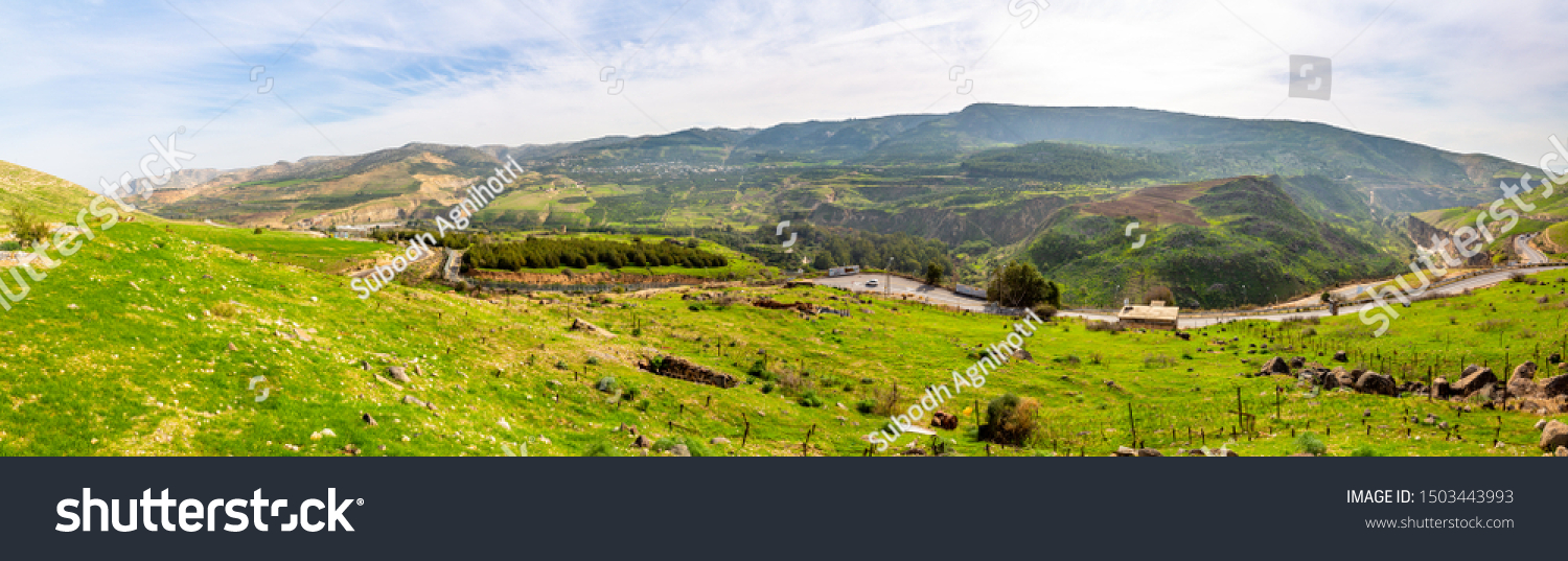panoramic view of Israel countryside. Green valley in Golan Heights in Israel. #1503443993