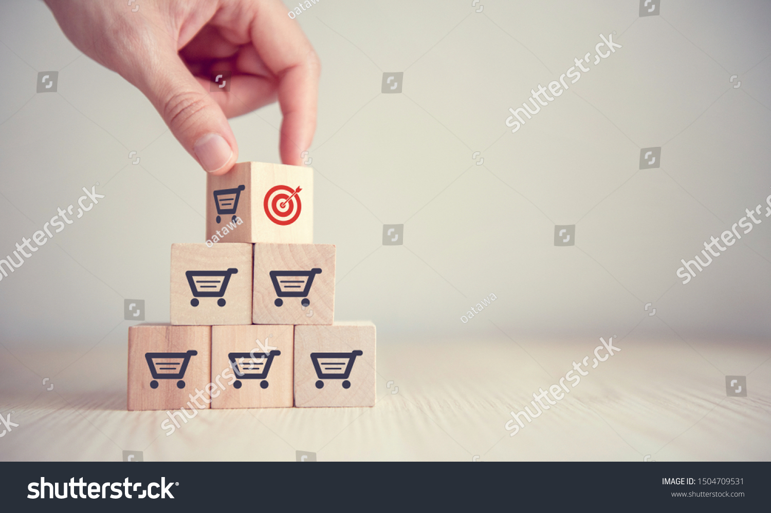 Sale volume increase make business success,  Flips cube with icon goal and shopping cart symbol. #1504709531
