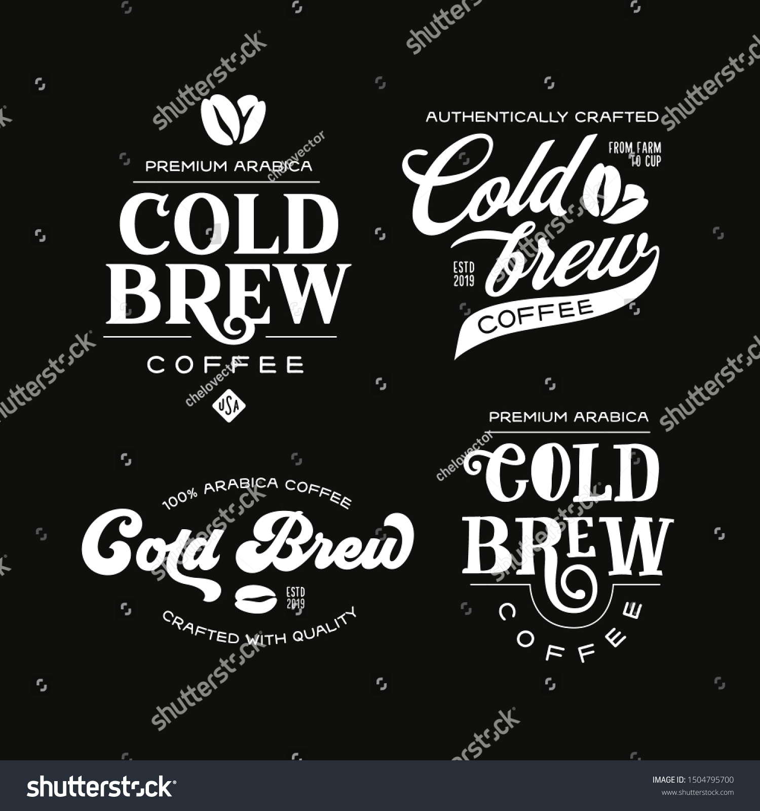 Cold brew coffee labels badges emblems set. Best for cafe, bar, chalkboard, print design, menu advertising. Vector vintage illustration. #1504795700