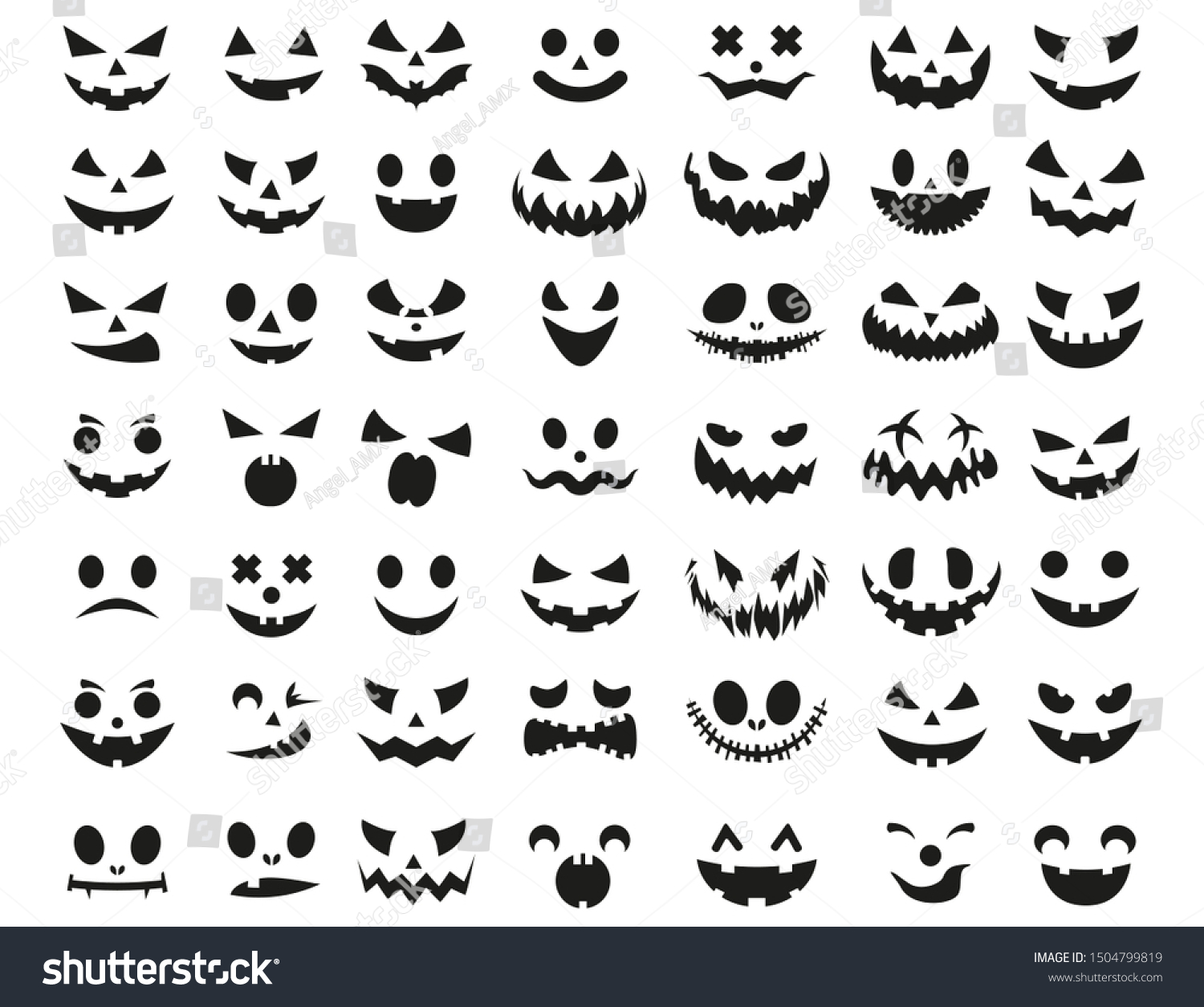 Halloween face icon set. Spooky pumpkin smile on white background.  Design for the holiday Halloween. Vector illustration. #1504799819