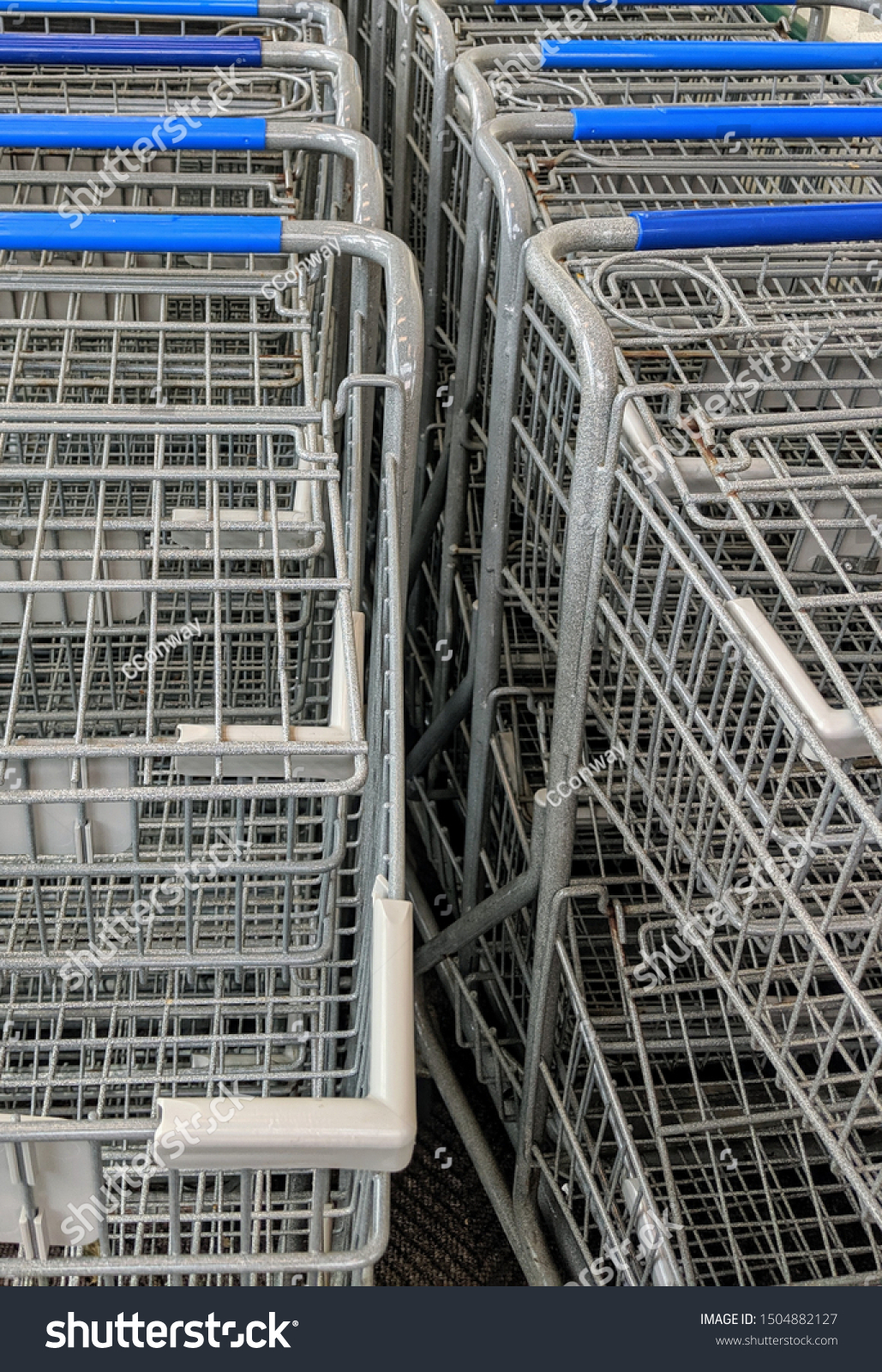 Row of metal grocery carts #1504882127