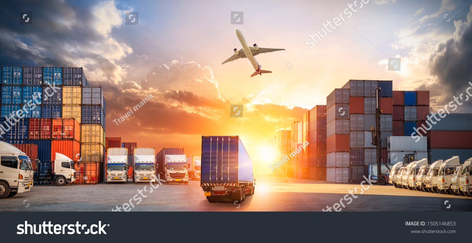 Container truck in ship port for business Logistics and transportation of Container Cargo ship and Cargo plane with working crane bridge in shipyard at sunrise, logistic import export and transport #1505146853