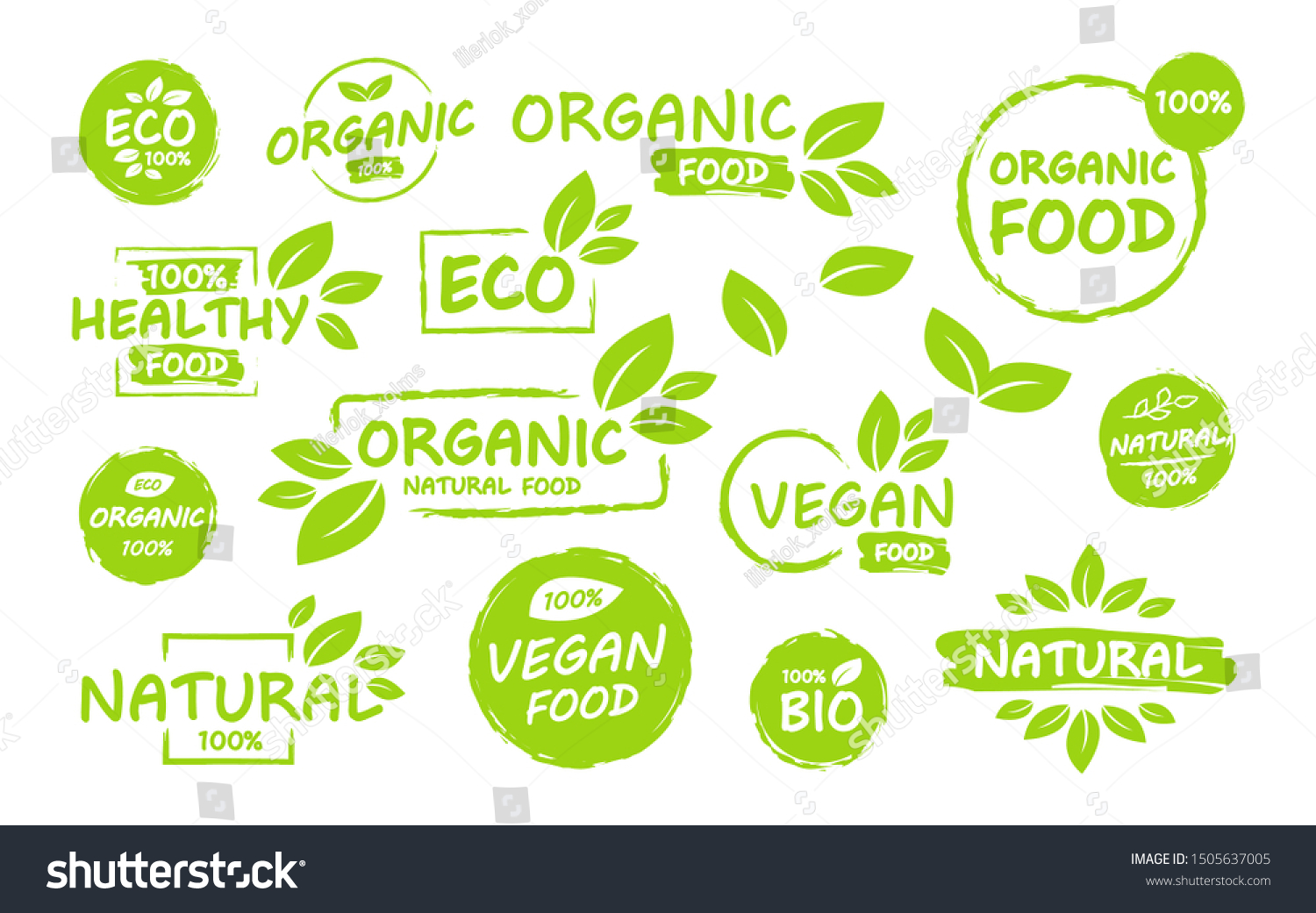 Set of Vegan, eco, bio, organic, fresh, healthy, 100 percent, nateral food. Natural product. Collection of emblem cafe, badges, tags, packaging. Vector illustration. #1505637005