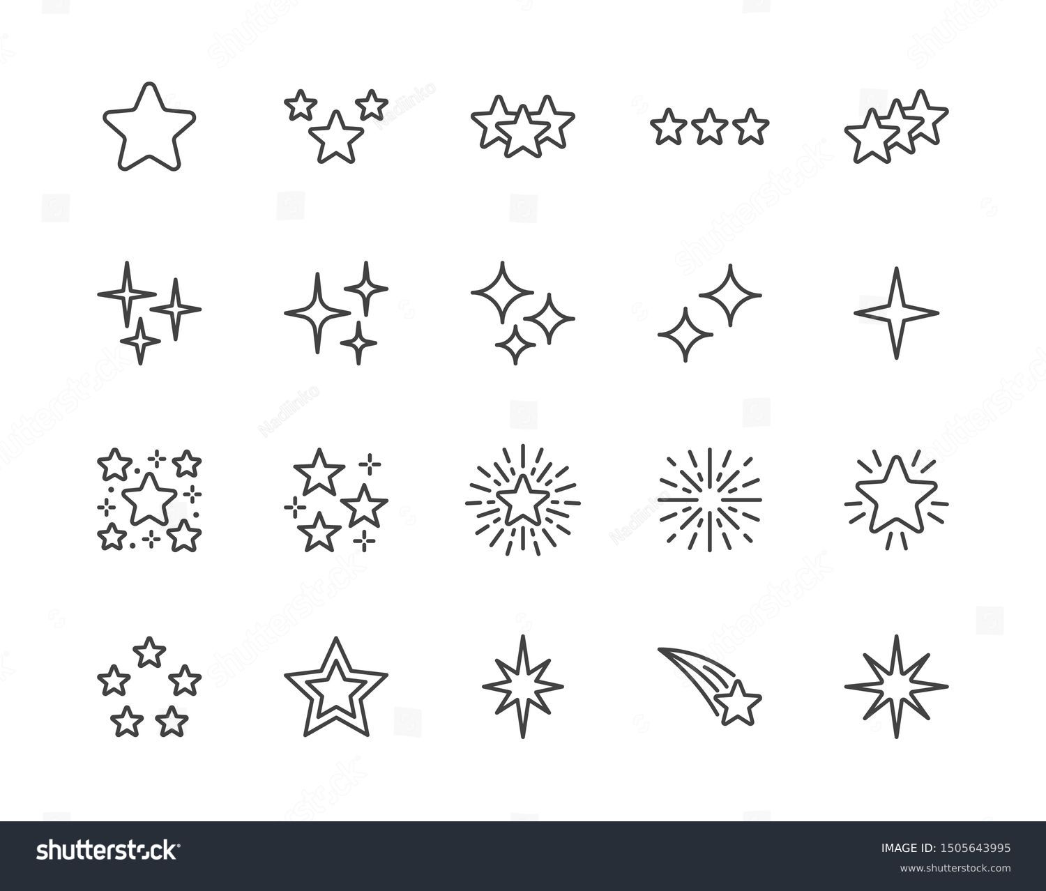 Stars flat line icons set. Starry night, falling star, firework, twinkle, glow, glitter burst vector illustrations. Outline signs for glossy material property. Pixel perfect. Editable Strokes. #1505643995