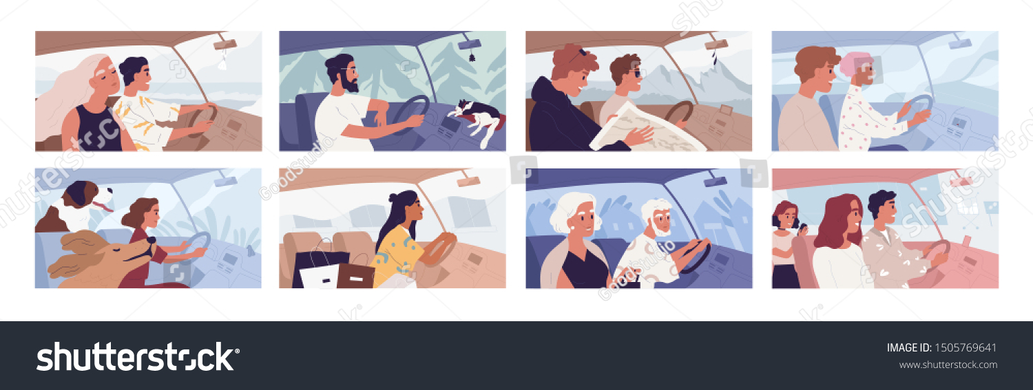 People driving car flat vector illustrations set. Road trip concept. Travelling with pets. Female shopaholic riding with purchases. Friends in vehicle finding route on map. Elegant lady in automobile.