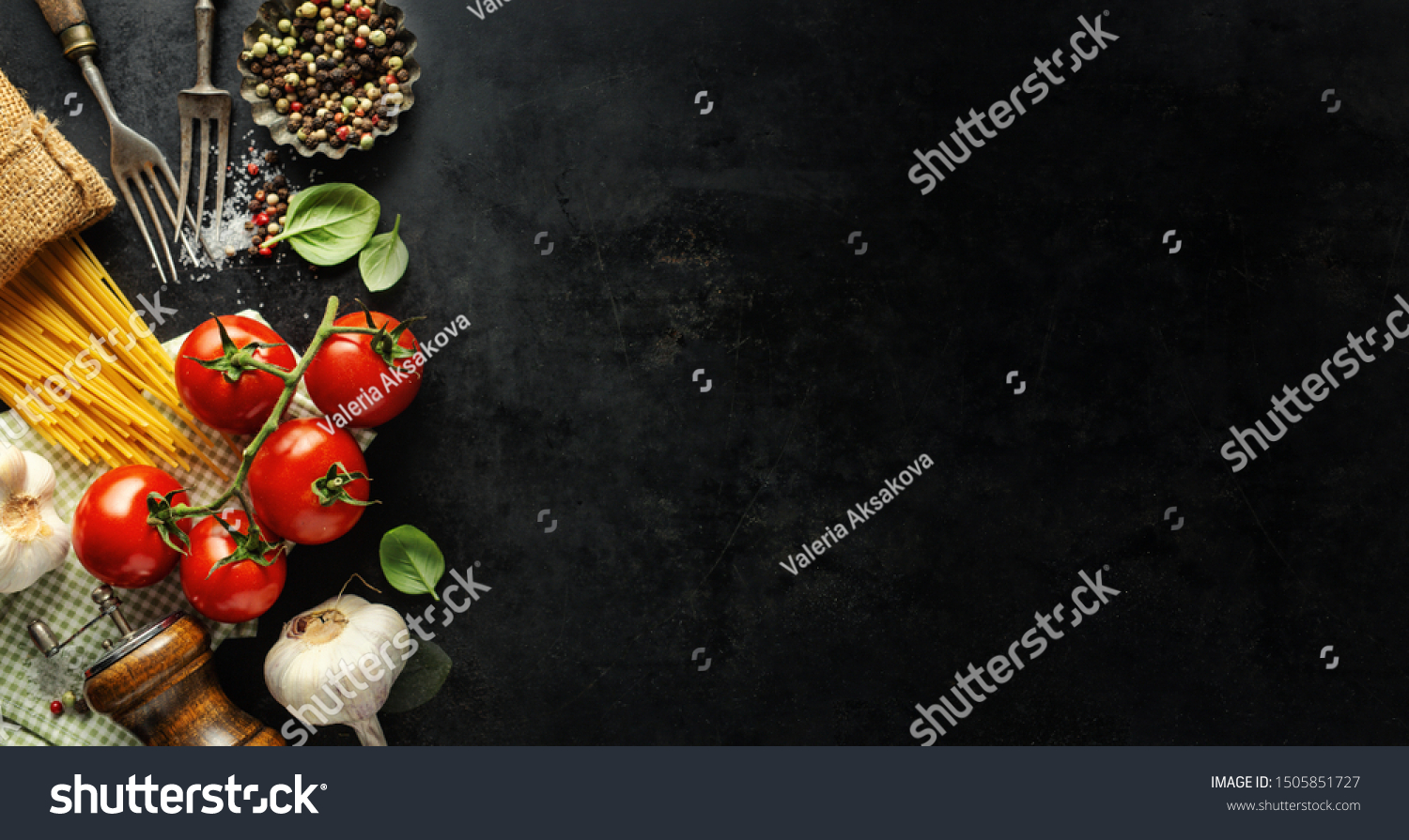 Italian food background. Italian cuisine. Ingredients on dark background. Cooking concept. Cooking background #1505851727