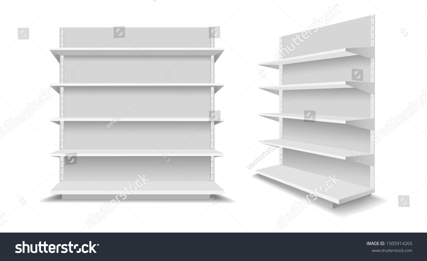 Empty showcase racks. Advertising blank supermarket shelves, shopping mall empty retail products showcases, white display shop shelf set vector illustration #1505914265