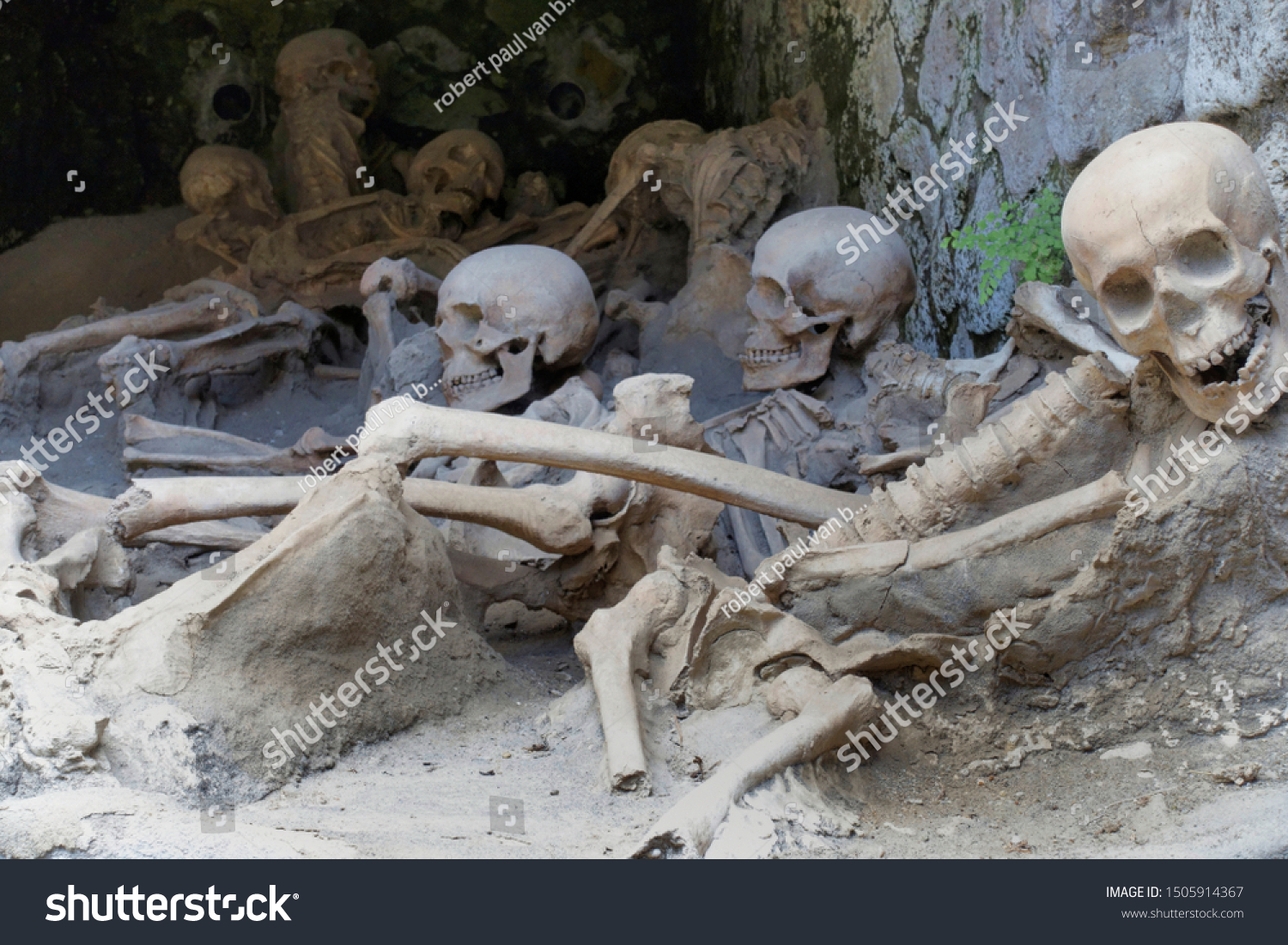 Replica skeletons in the position that the bodies were found after volcanic flow in 79AD Herculaneum Ercolana Campania Italy                                 #1505914367