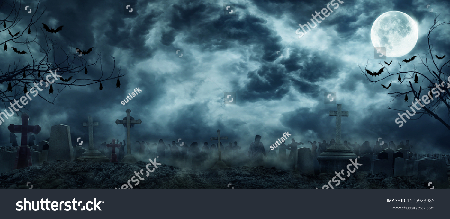 Zombie Rising Out Of A Graveyard cemetery In Spooky scary dark Night full moon bats on tree. Holiday event halloween banner background concept.  #1505923985